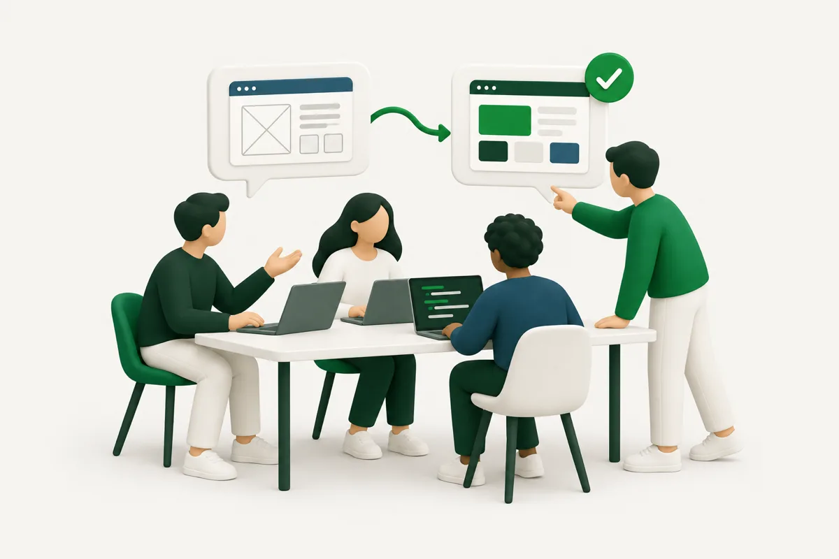 A small team around a table turning a wireframe into a finished screen.
